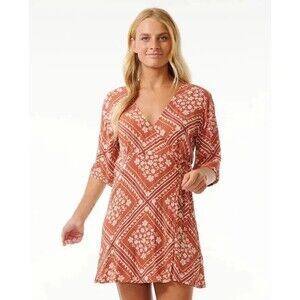 Rip Curl Soleil Rust Beach Dress Red White Floral Size Small Tie Front Wrap NEW